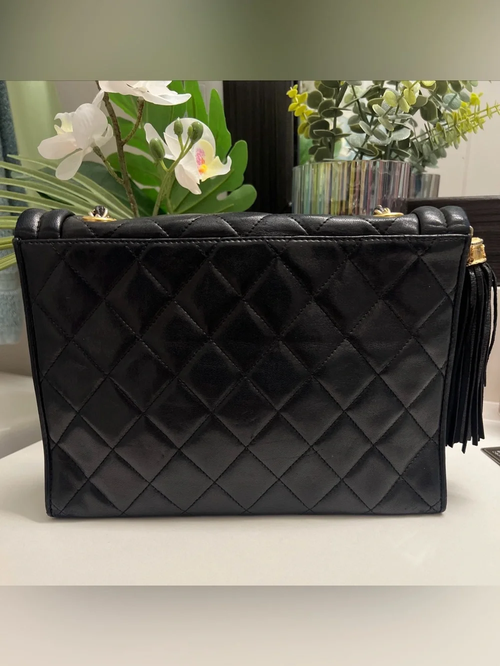 Vintage Chanel Black Lambskin Tassel Flap Bag 24k Gold HW - Black card/dust bag